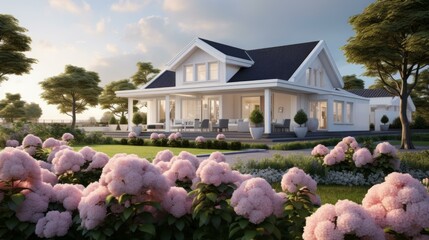 A beautiful house with a garden full of pink flowers