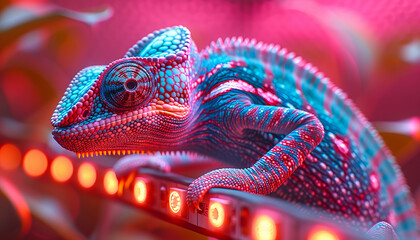 Fototapeta premium a colorful chameleon is climbing on a RGB LED strip light,generative ai