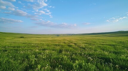 Green rolling hills under blue sky with white clouds