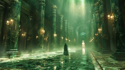 A dark figure walking through a green marble hall