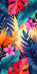 Vibrant Tropical Leaves and Flowers Illustration