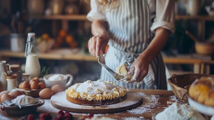 Cropped image of woman in apron cooking cake in kitchen at home