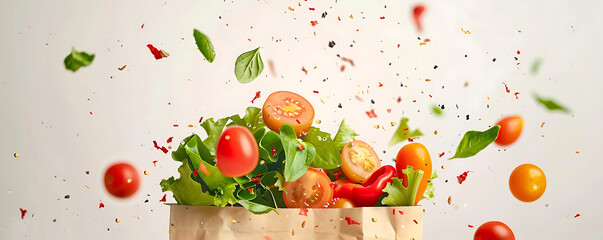 Fresh vegetables and fruits falling into the paper bag on white.