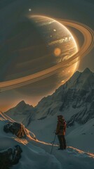 Man looking at Saturn from the top of a snowy mountain