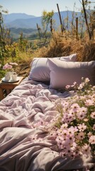 Fototapeta premium A dreamy outdoor bed adorned with pillows and surrounded by wildflowers