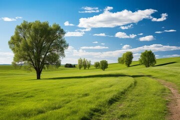 Fototapeta premium Green rolling hills with a blue sky and white clouds