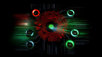 Biometric Identification System with Red and Green Iris Scans and Fingerprint Locks on Black Background