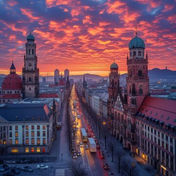 Cityscape of Munich, Germany at sunset