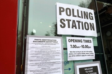 UK polling station signs including opening times and photo identification documents acceptable