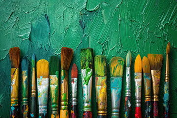 Set of paint brushes hanging on green wall splattered with green paint