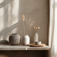 A Still Life of Three Vases and Dried Flowers