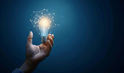 The hand holds a light bulb with glowing digital network connections shining bright against a dark blue background, symbolizing innovation and technology in a business concept design Generative AI - Powered by Adobe