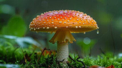 Red mushroom with white spots closeup