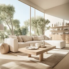 Modern living room interior with large windows and white sofa