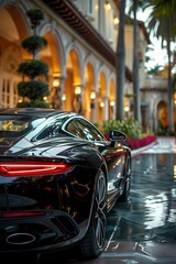 A sleek, black luxury car glistening under the sun, its elegant curves and polished exterior showcased in a high-definition photograph