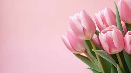 A bouquet of pink tulips on a pink background