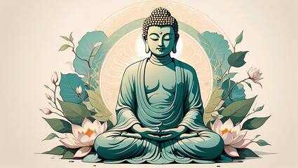 Buddha Statue Amid Lush Green Field with Lotus Flowers, tranquility and contemplation in the serene surrounding