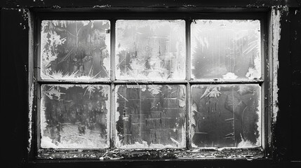 Black and white photo of a window covered in frost
