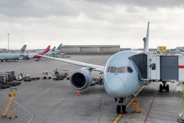 Fototapeta premium Mississauga, Canada, April 19, 2022; An Air Canada jetliner parked at the jetway ramp to load passengers with the tails of other airplanes in the background