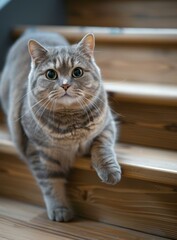 A gray cat is walking down the stairs