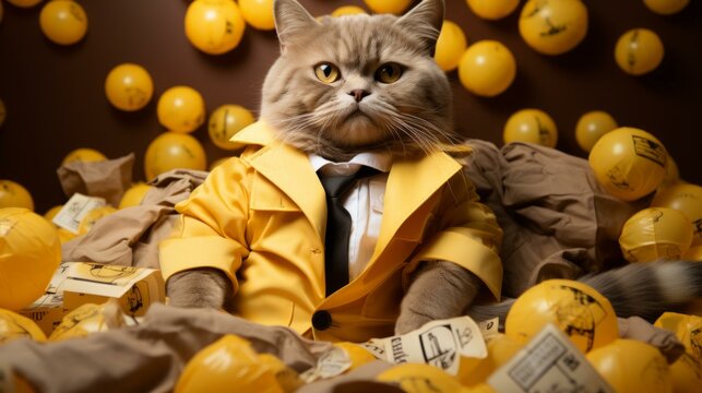 A cat wearing a suit and tie sits in a pile of yellow balls