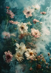 ethereal flowers in the mist - obrazy, fototapety, plakaty