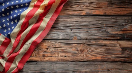 Closeup of an American Flag on a wooden background