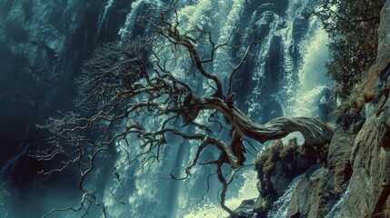 Photorealistic image of a gnarled dead tree against a cascading waterfall in a mystical blue tint