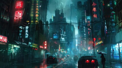 Cyberpunk streets illustration, futuristic city, dystoptic artwork at night, 4k wallpaper. Rain foggy, moody empty future