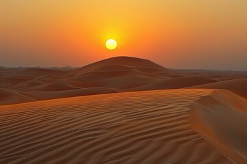 A vast desert landscape with a large sand dune in the foreground and a setting sun in the background - Powered by Adobe