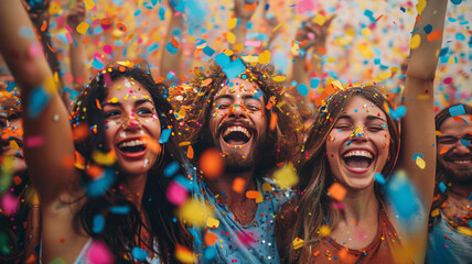 Obraz premium corporate party of a company people taking selfies, casually dressed, happy colorfull.generative ai