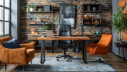 Modern industrial home office with wooden desk brick walls midcentury furniture. Concept Industrial...