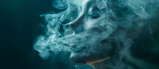 Double exposure of woman face and smoke, depression, stress, mental health, overwork, anxiety issues concept.
