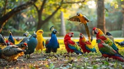 Obraz premium A group of colorful birds in a tropical rainforest