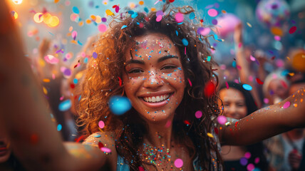 Obraz premium corporate party of a company people taking selfies, casually dressed, happy colorfull.generative ai