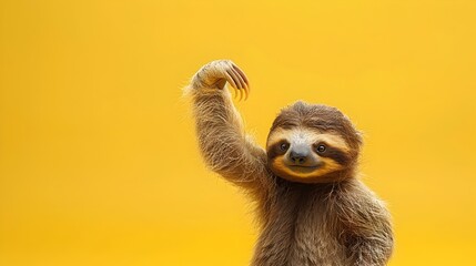 Surreal Sloth Dabbing on Vivid Yellow Background with Copy Space