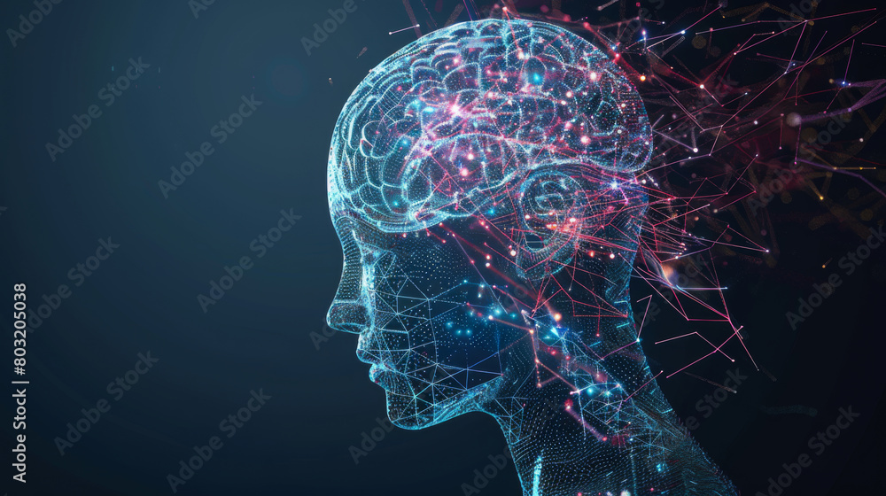 Poster a brain made of lines and dots with a red and orange color. the brain is surrounded by a blurry back