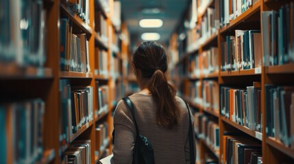 A woman walks among shelves of books in a library