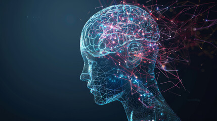 A brain made of lines and dots with a red and orange color. The brain is surrounded by a blurry background.