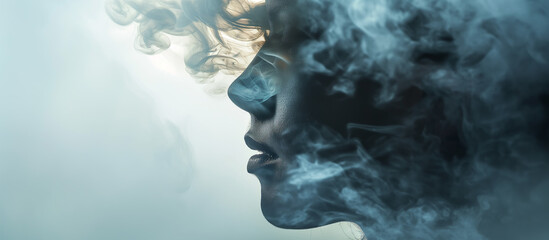Double exposure of woman face and smoke, depression, stress, mental health, overwork, anxiety issues concept.
