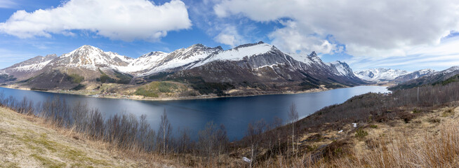 Panorama view of the Bjærangfjorden in April in Nordland county, Norway