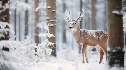 A Solitary Deer Stands in a Snowy Forest
