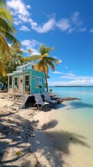 beach house on a tropical island with palm trees and white sand - obrazy, fototapety, plakaty