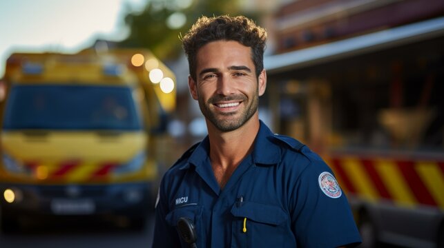 Portrait of a smiling male paramedic in uniform standing in front of an ambulance