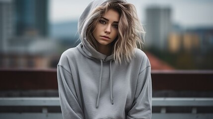 Obraz premium Portrait of a young woman in a gray hoodie looking at the camera with a serious expression