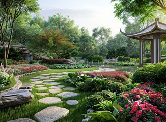 chinese style garden landscape with a pavilion and a pond - obrazy, fototapety, plakaty
