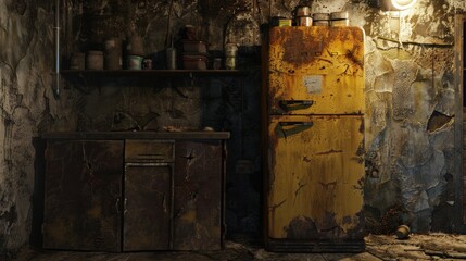 Detailed view of a dilapidated room in a post-apocalyptic setting, featuring a rusty fridge and vintage equipment