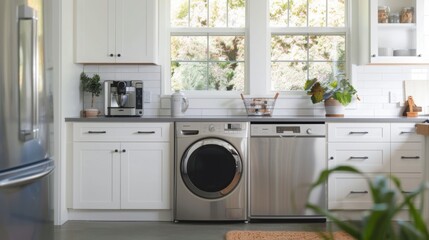 A washer and dryer combo integrated into a bright kitchen with white cabinetry and greenery.