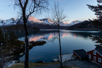 cabin by the Holandsfjord in Nordland county.In the background is the Svartisen glacier, Norway's...