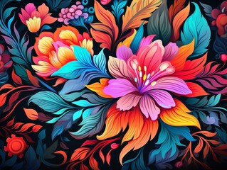 Acid flowers, vibrant neon palette, seamless pattern, flat vector style, ideal for summer textile printing ,  vector and illustrations